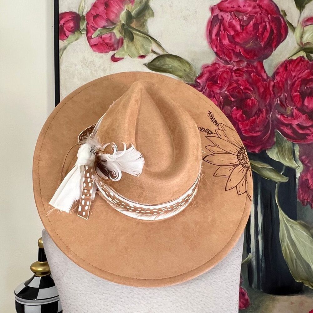 Women's Faux Suede Wide Brim Feather Western Boho Fedora Hat Tan One Size